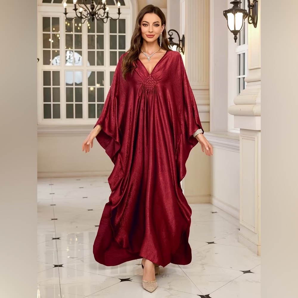 Elegant Burgundy V-Neck Kaftan Dress for Women, Braided Batwing Sleeves